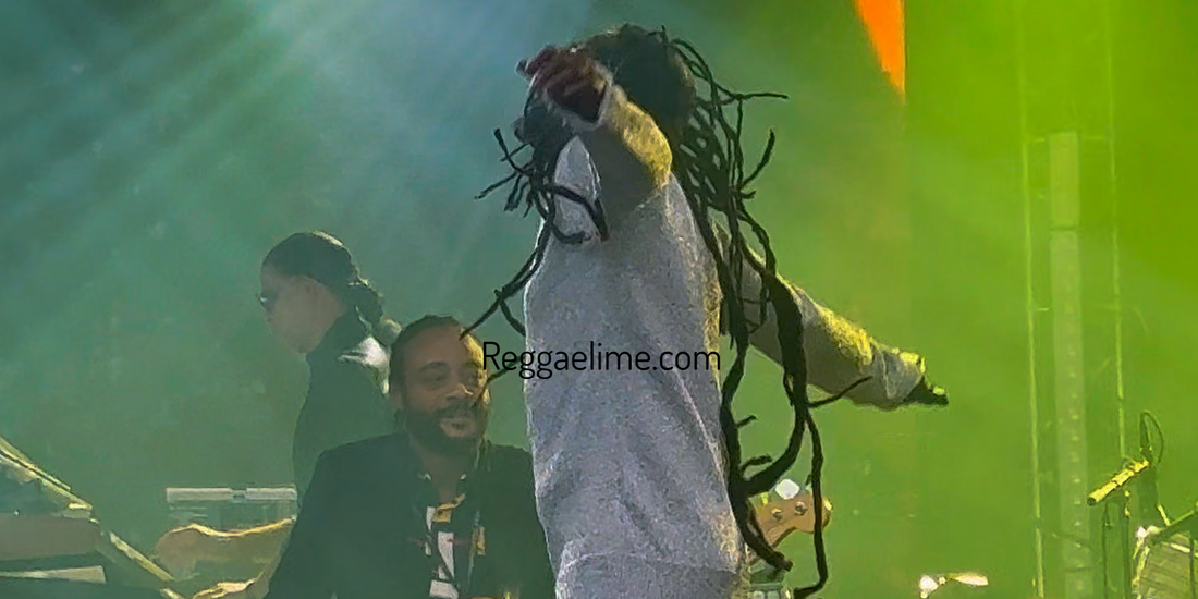 Buju Banton surrounded by cultural reggae symbols, Rastafarian colors, and Reggae Lime streetwear apparel.