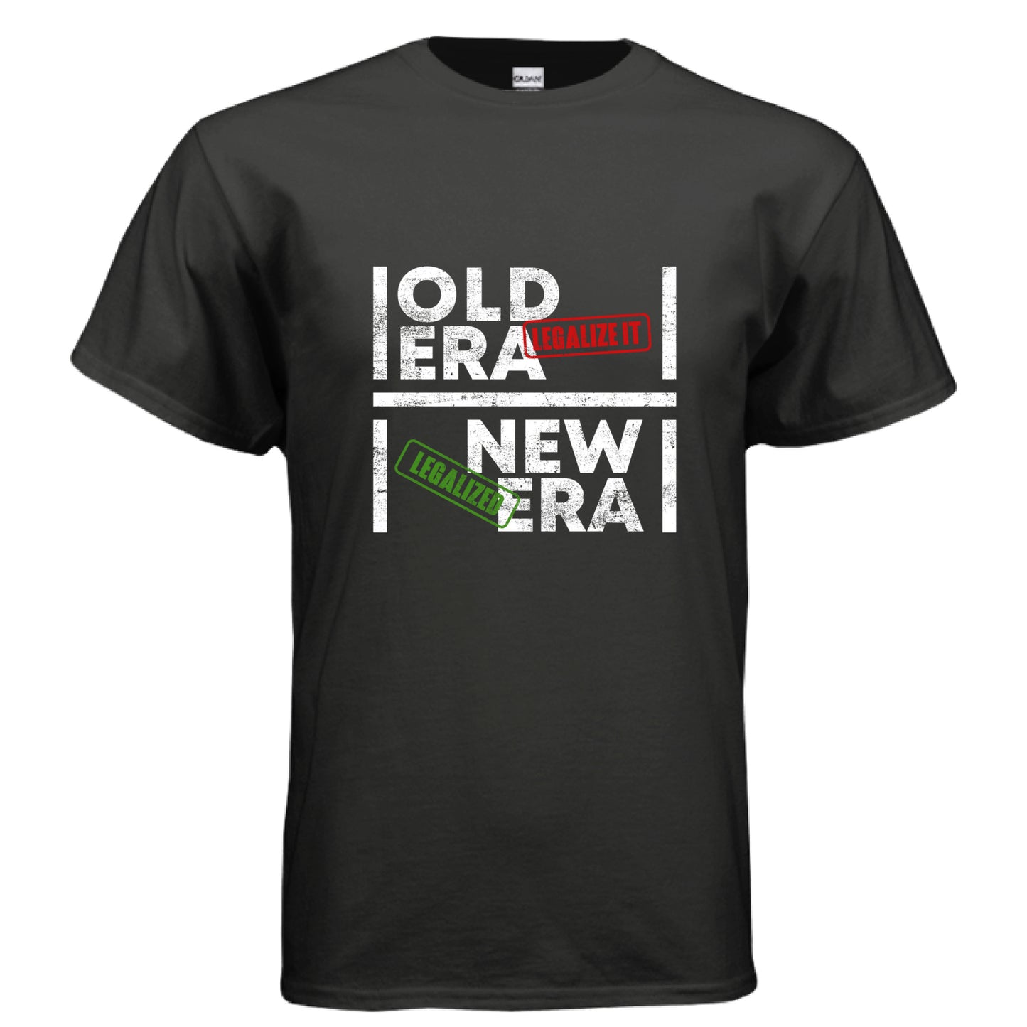 Black t-shirt with 'Old Era' and 'New Era' text design on a white background