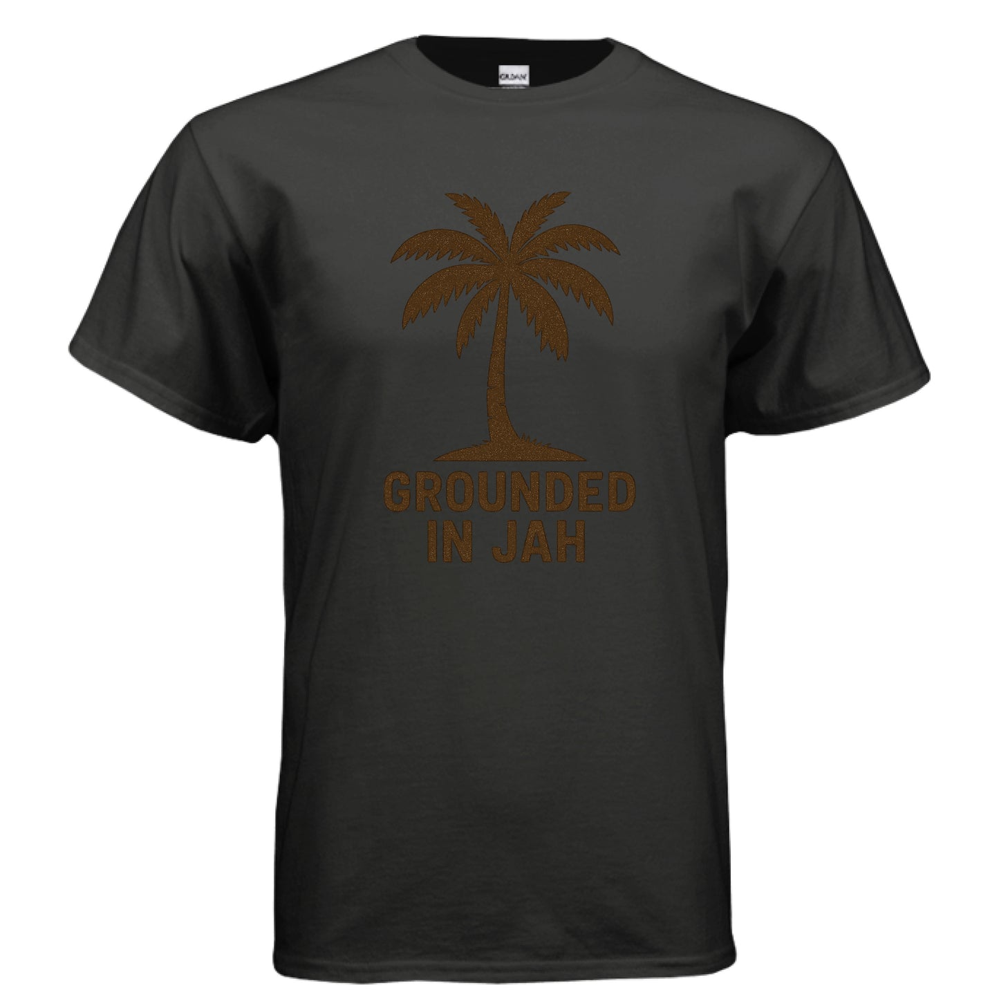 Black t-shirt with palm tree design and 'Grounded in Jah' text on a white background