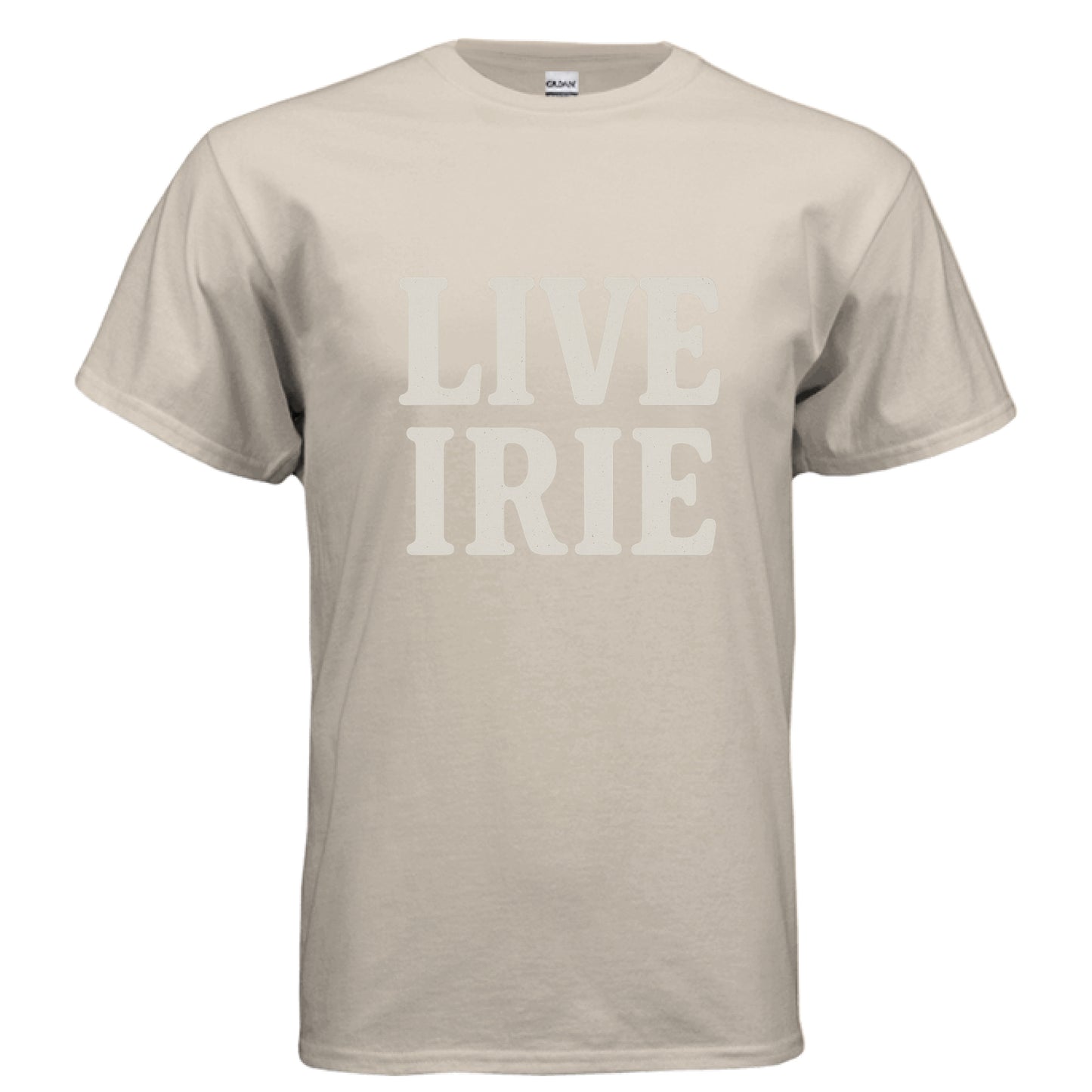 Beige t-shirt with 'LIVE IRIE' text on a white background