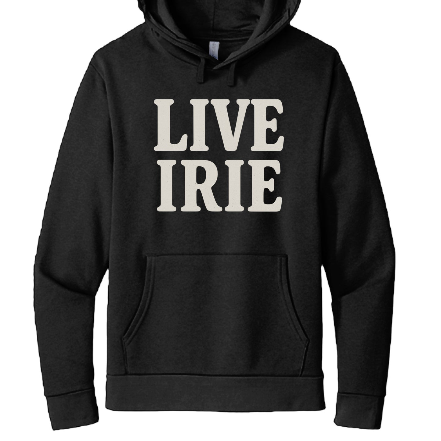 Black hoodie with 'LIVE IRIE' text on a white background