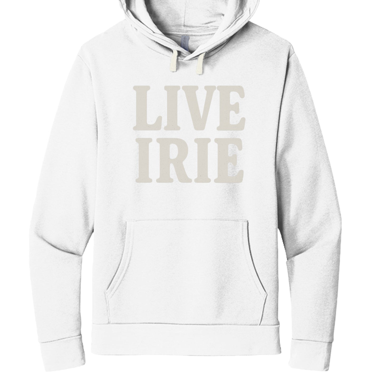 White hoodie with 'LIVE IRIE' text on a white background