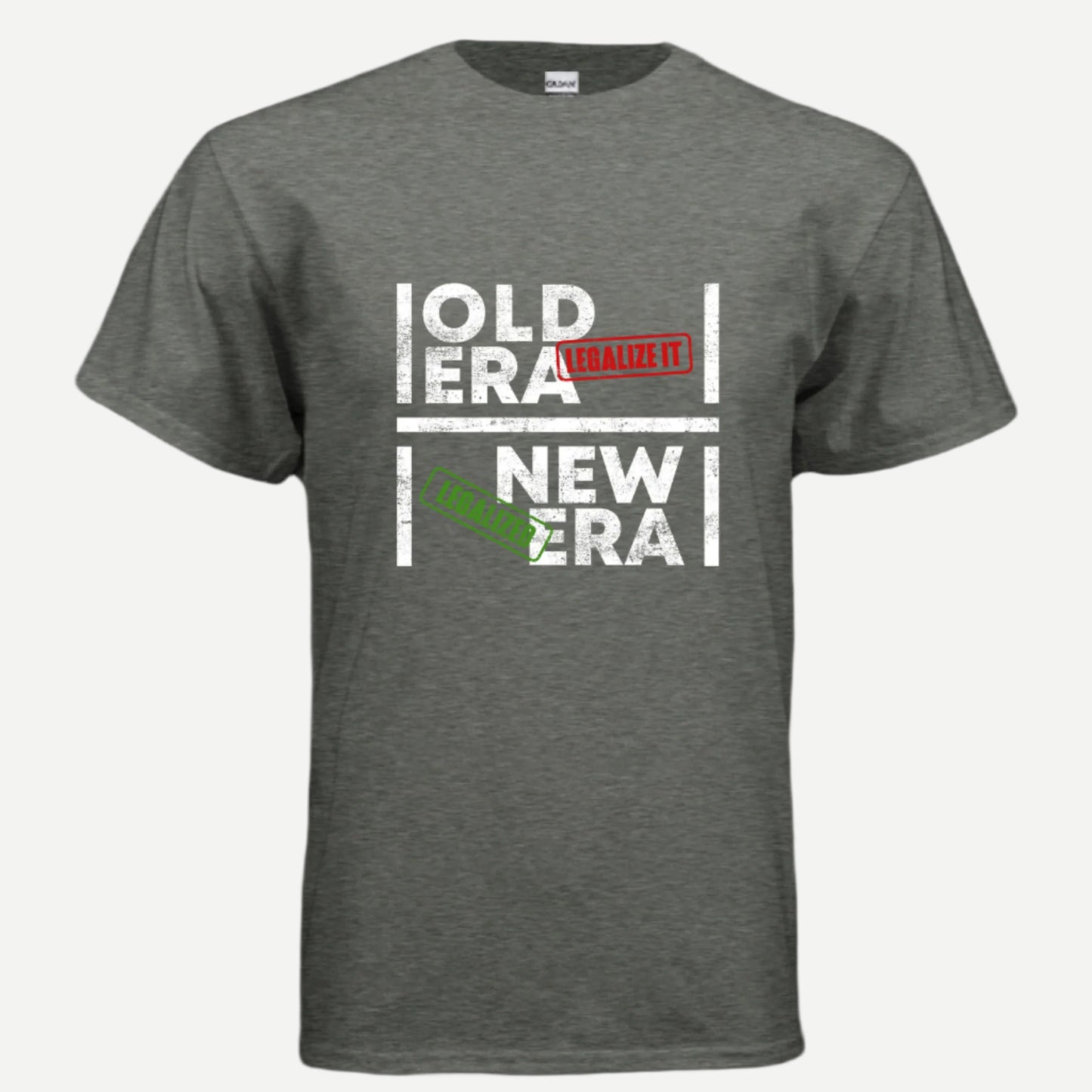 Gray t-shirt with text design on a white background