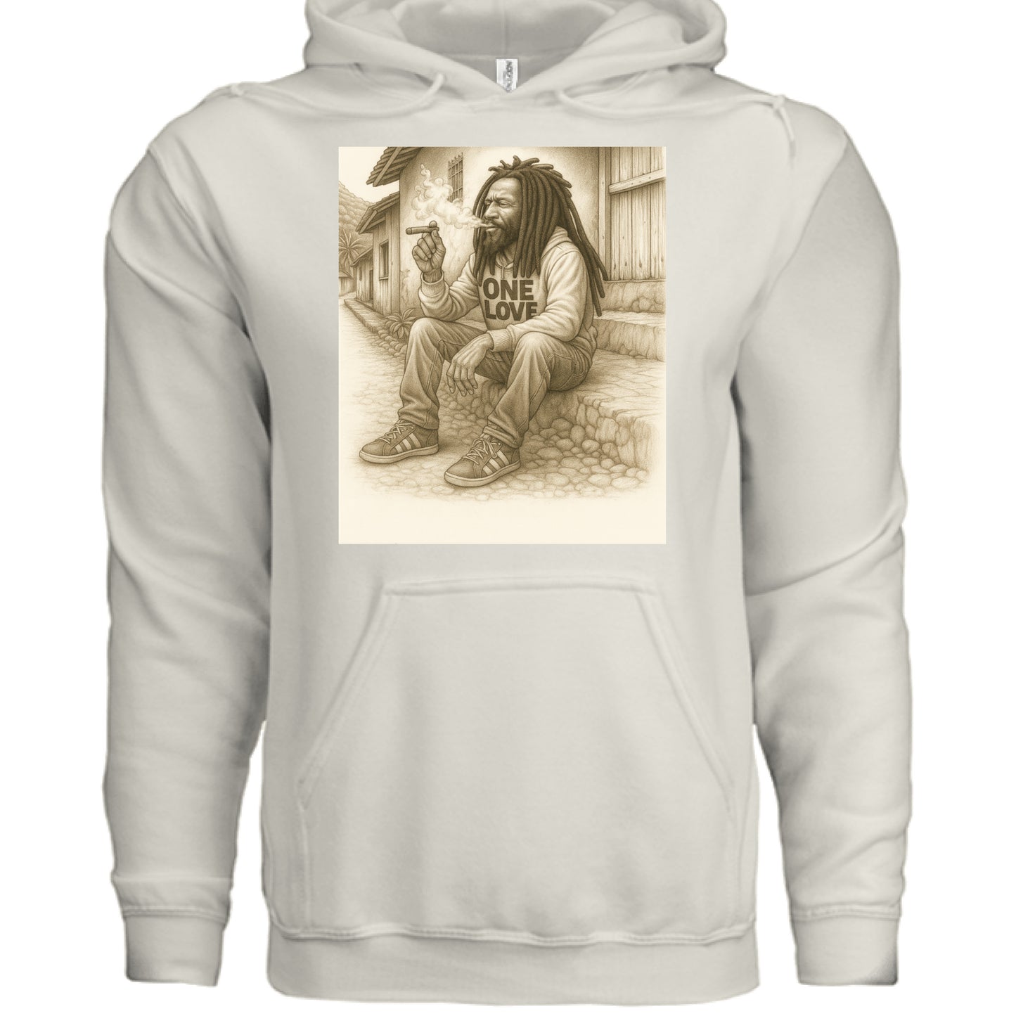 White hoodie with a graphic of a person sitting and holding a plantain, with 'One Love' text, on a white background.