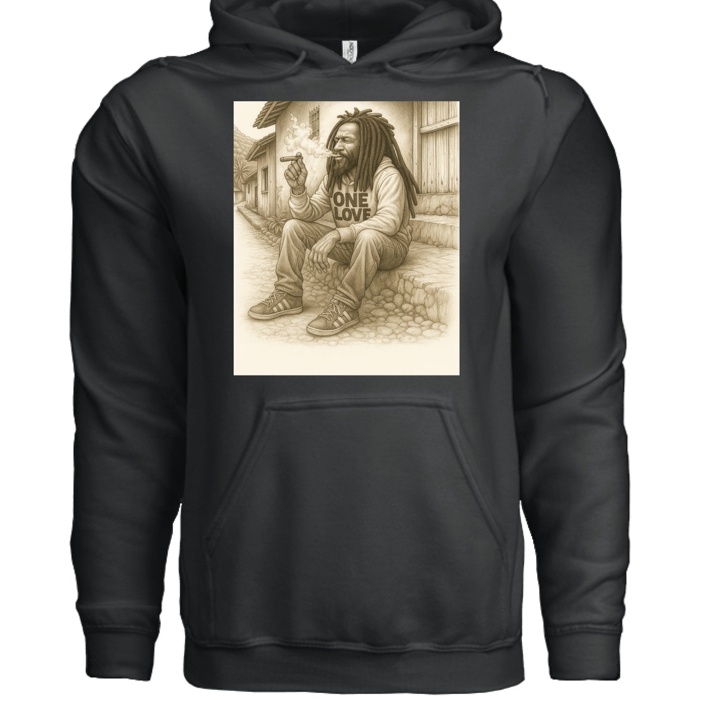 Black hoodie with a graphic of a person sitting on a stone wall and 'One Love' text.