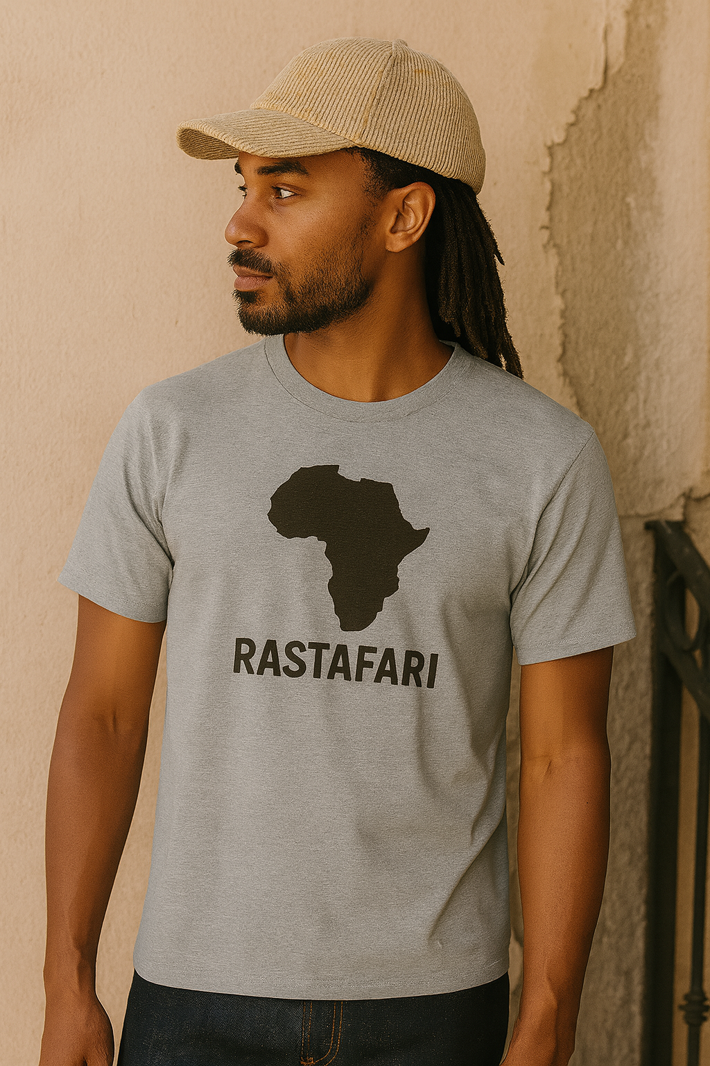 Man wearing a gray t-shirt with an Africa map and 'Rastafari' text, standing against a beige wall.
