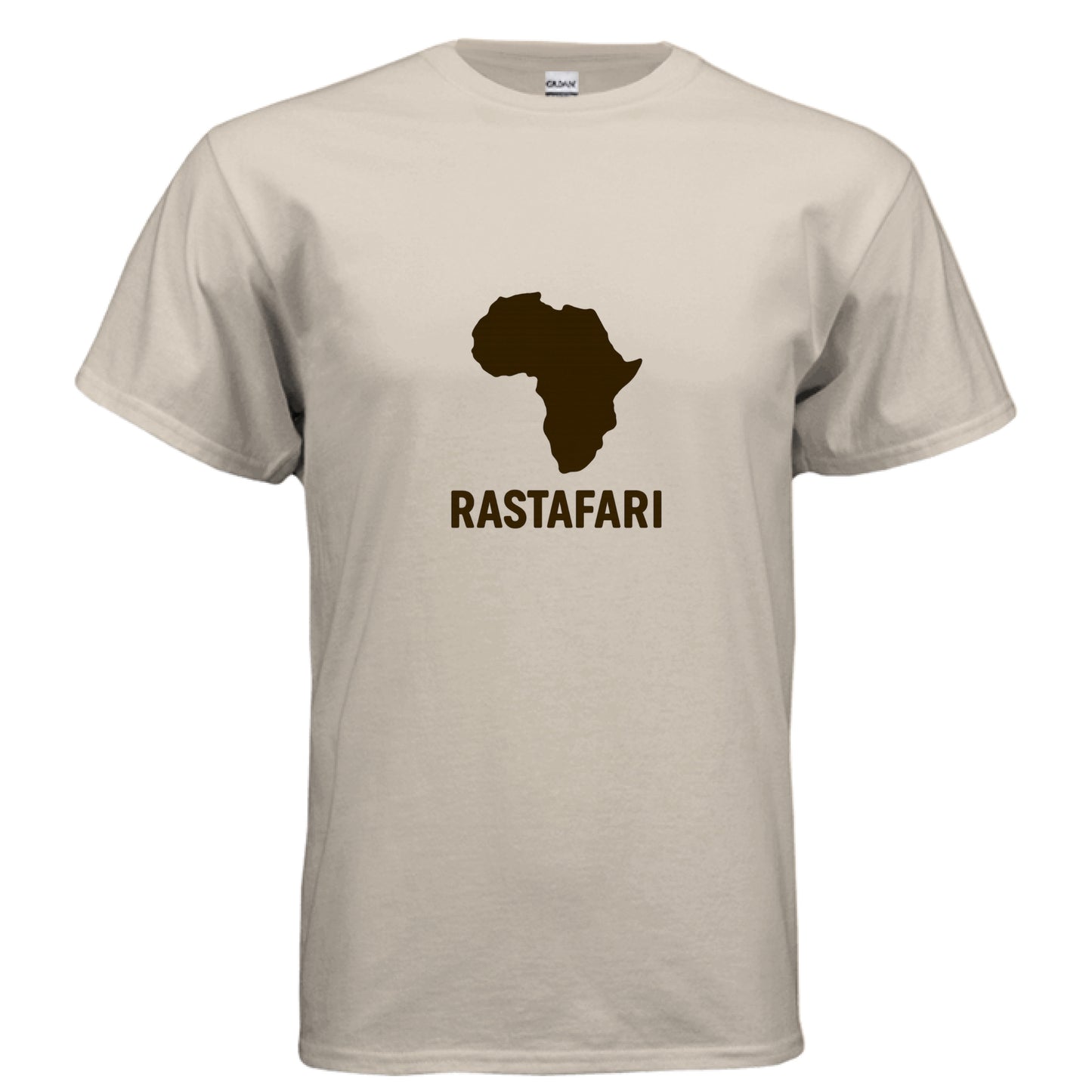 Beige t-shirt with a black outline of Africa and 'Rastafari' text on a white background