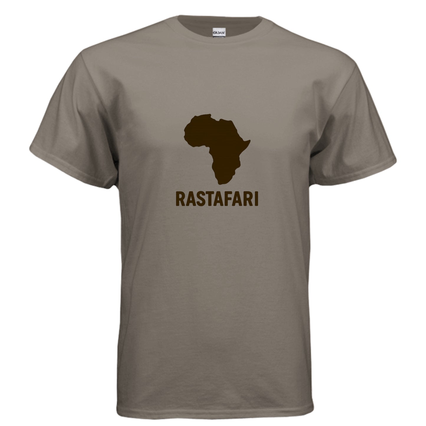 Gray t-shirt with a brown Africa map and 'Rastafari' text on a white background