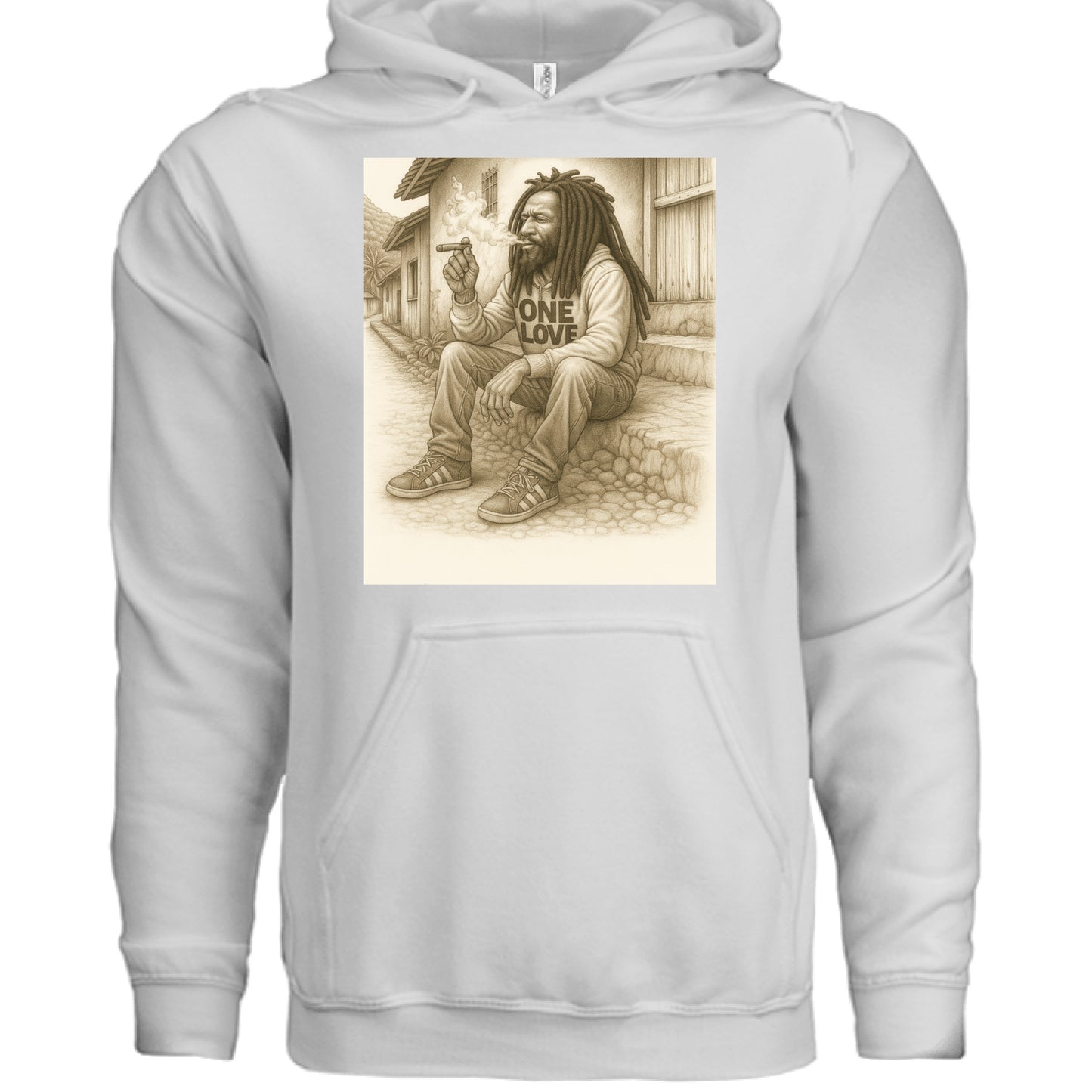 White hoodie with a graphic of a person sitting and holding a plantain, with 'One Love' text on the shirt, on a white background.