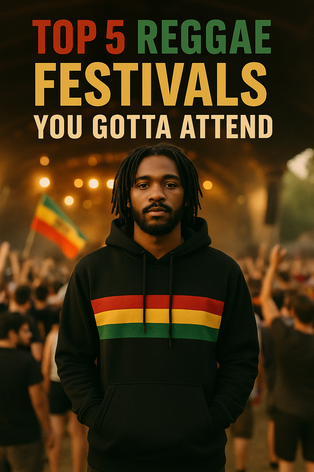 "Festival crowd with model wearing Reggae Lime Black Rasta Hoodie"
