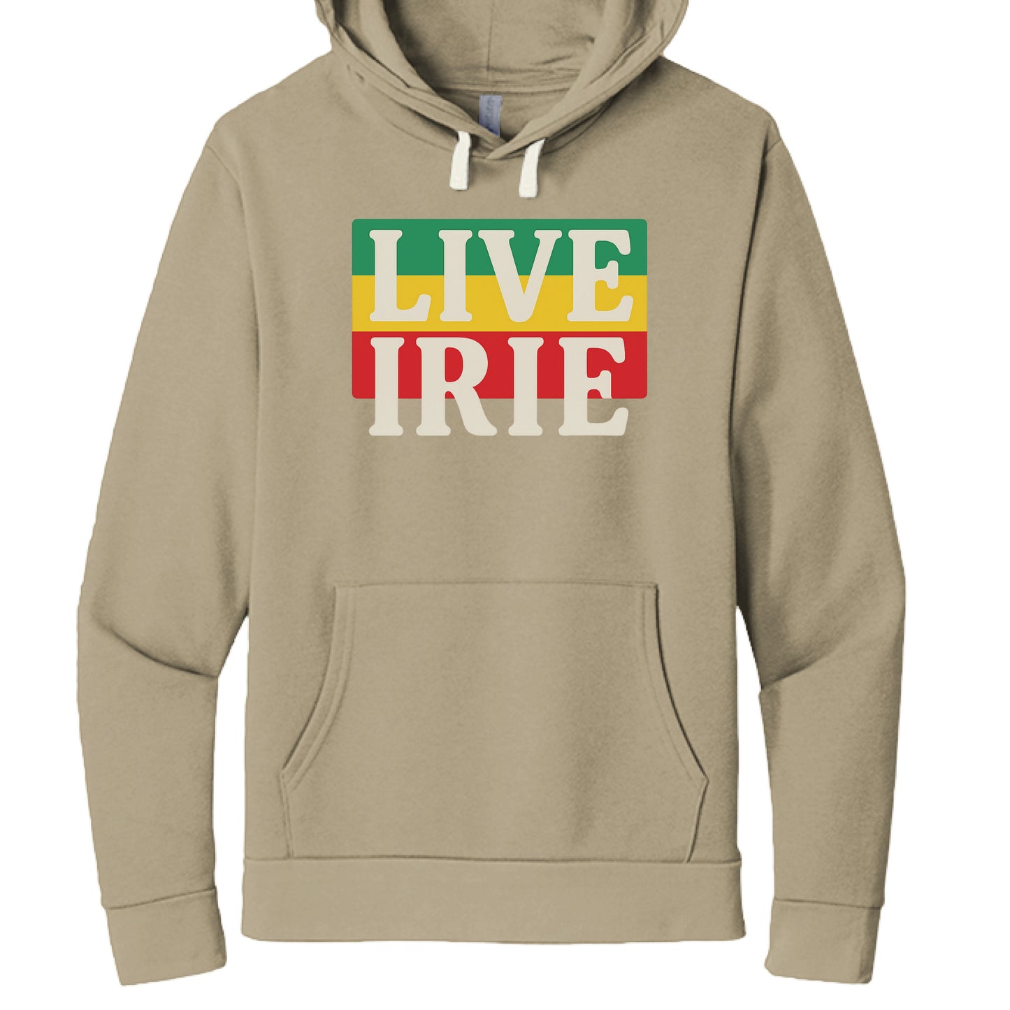 Beige hoodie with 'LIVE IRIE' text in Rastafarian colors on a white background