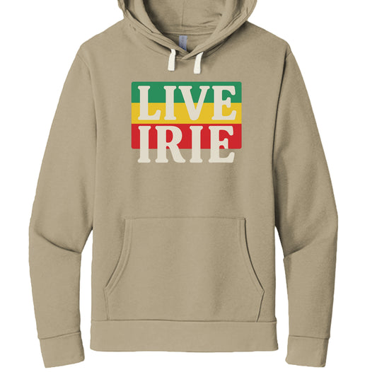 Beige hoodie with 'LIVE IRIE' text in Rastafarian colors on a white background