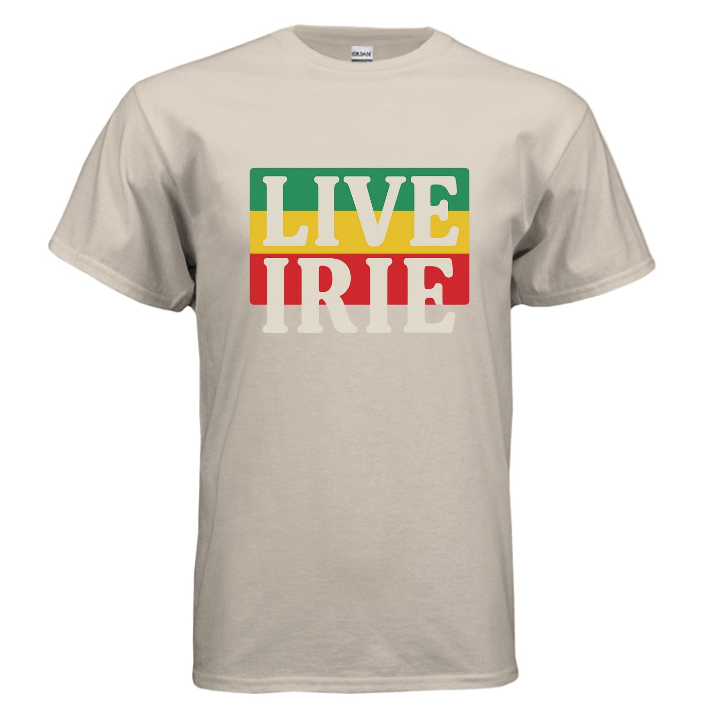 Beige t-shirt with 'LIVE IRIE' text in Rastafarian colors on a white background
