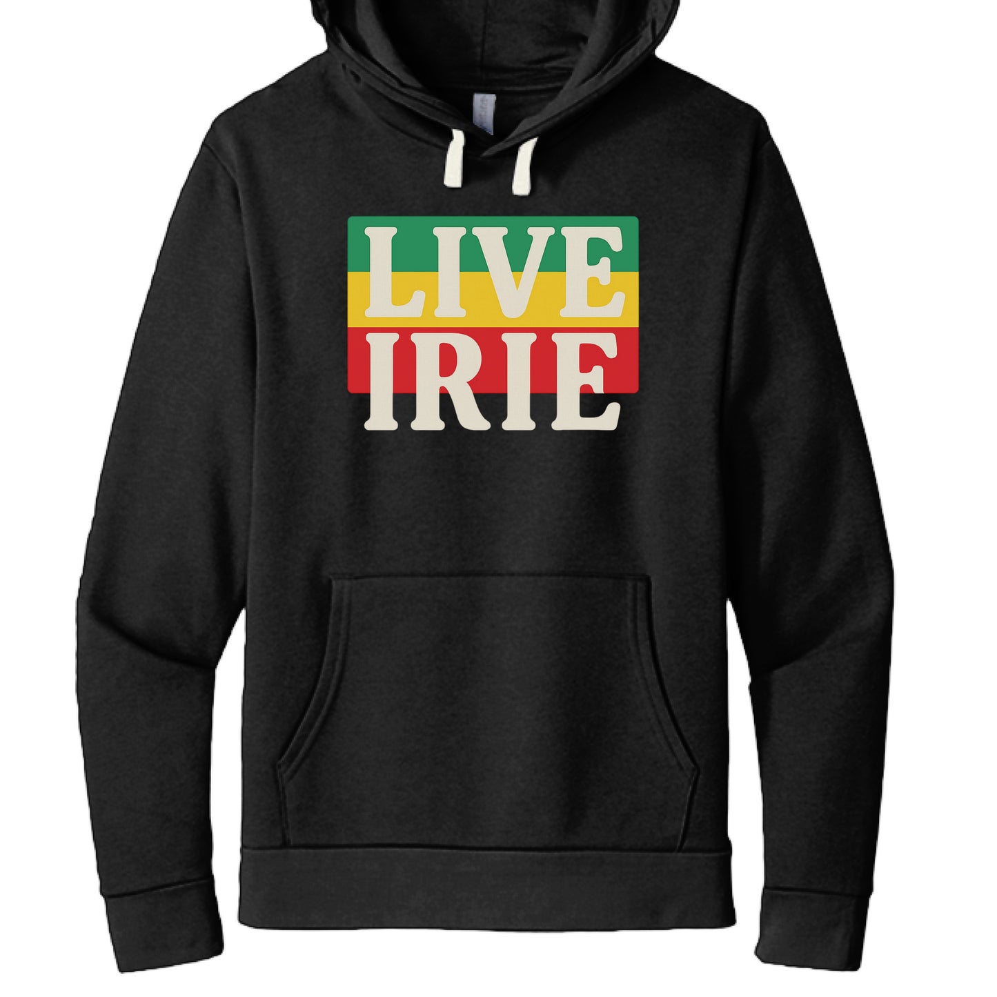Black hoodie with 'LIVE IRIE' text in colorful letters on a white background