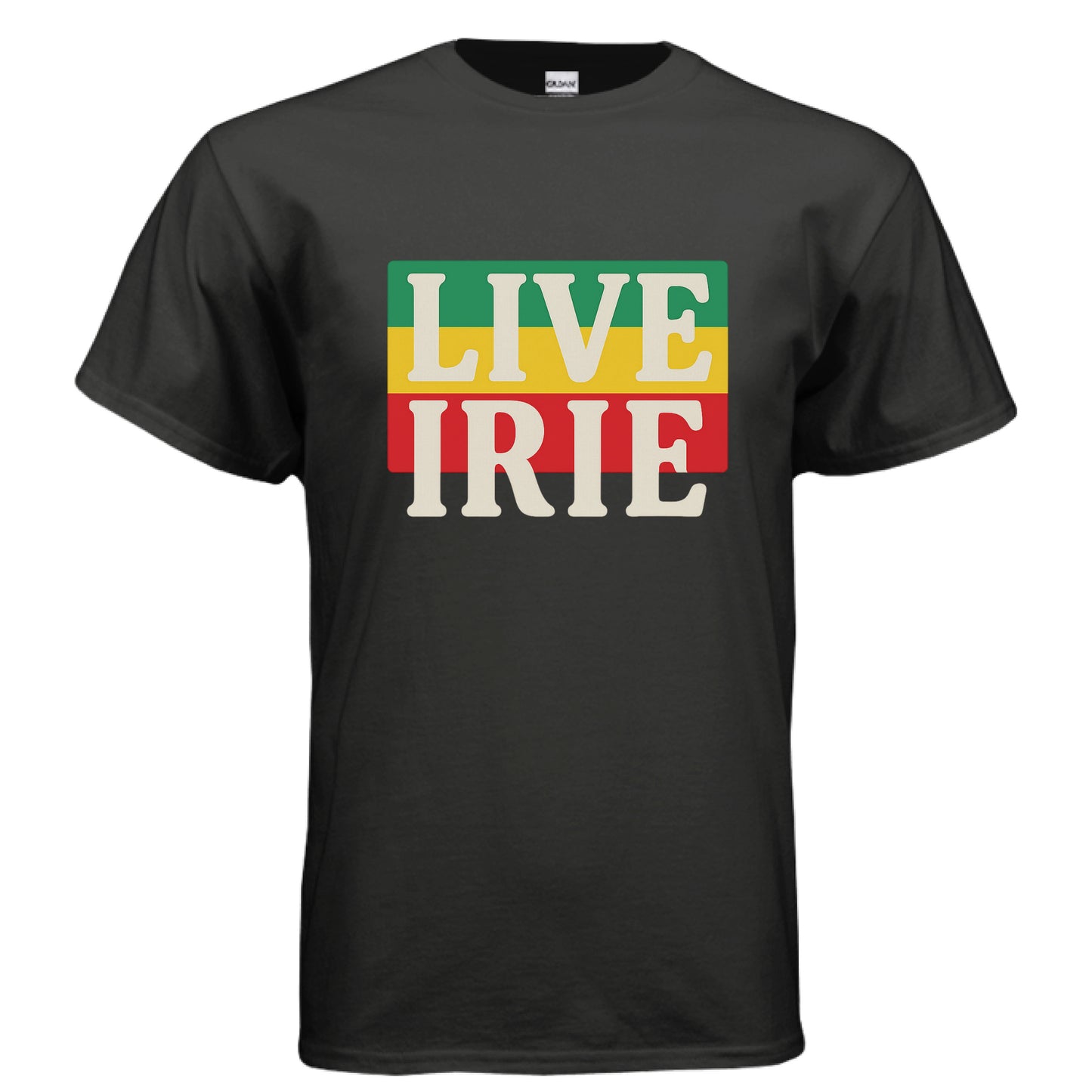 Black t-shirt with 'LIVE IRIE' text in colorful letters on a white background