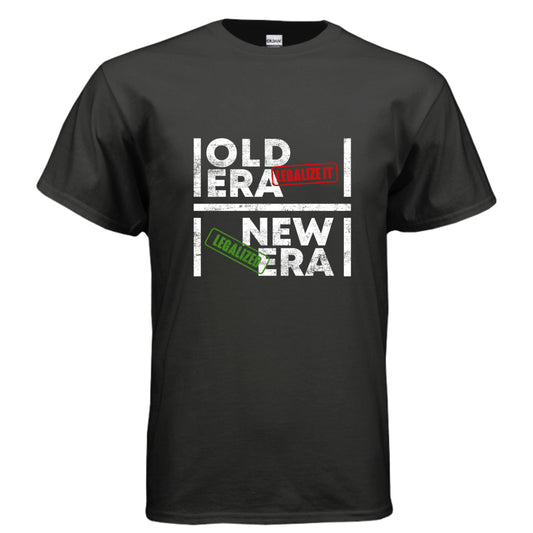 Black t-shirt with 'Old Era' and 'New Era' text design on a white background