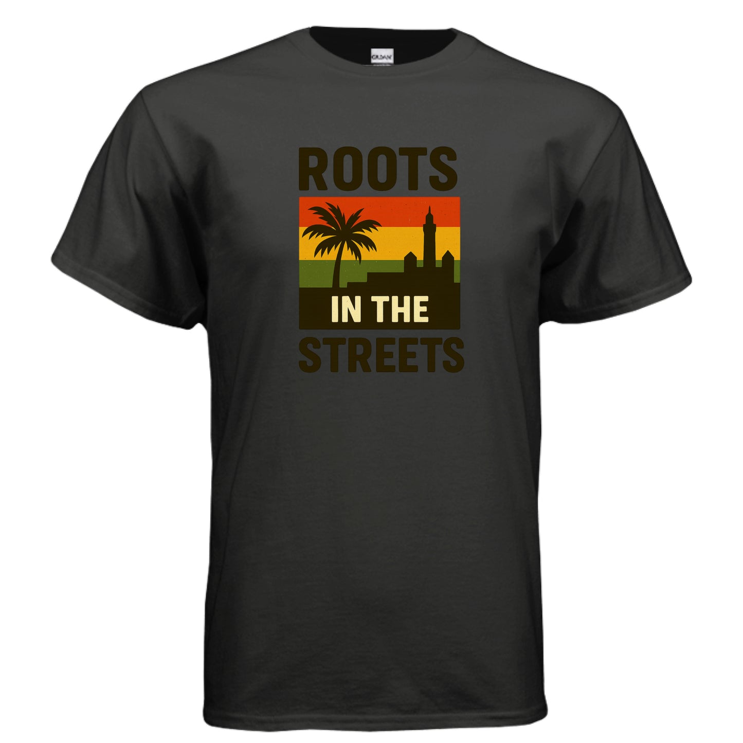 Black t-shirt with 'Roots in the Streets' graphic design on a white background