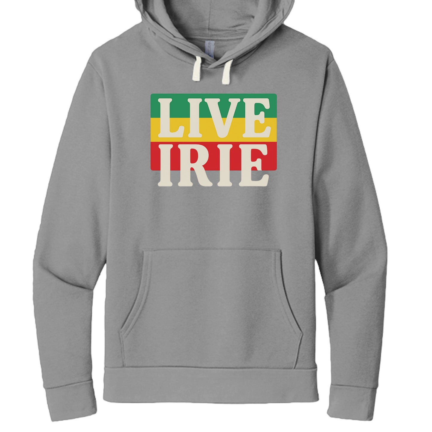 Gray hoodie with 'LIVE IRIE' text in Rastafarian colors on a white background