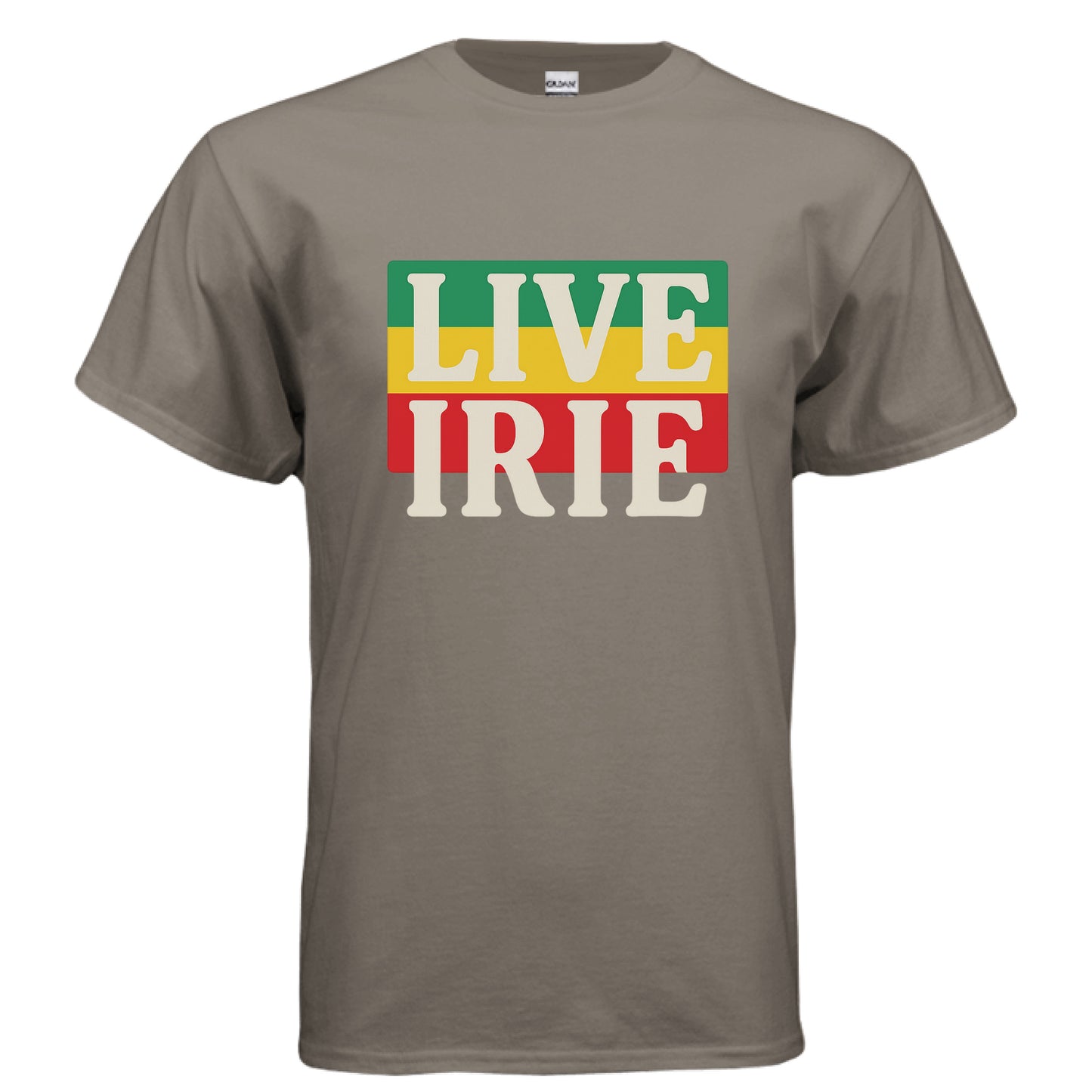 Gray t-shirt with 'LIVE IRIE' text in Rastafarian colors on a white background