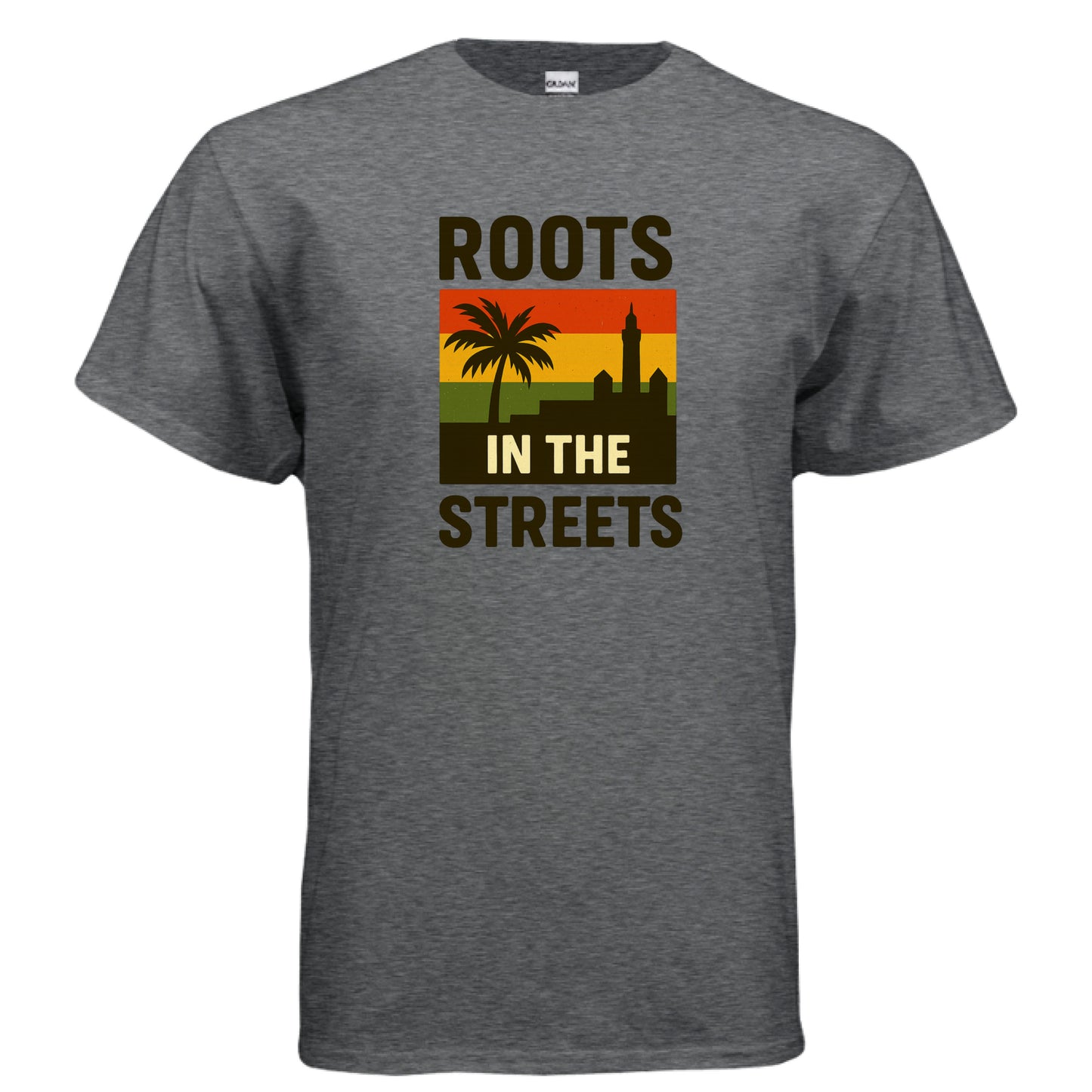 Gray t-shirt with 'Roots in the Streets' graphic design on a white background