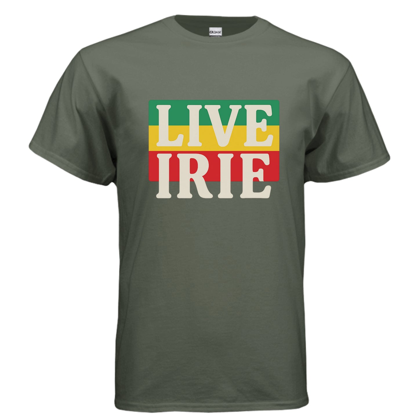 Green t-shirt with 'LIVE IRIE' text in Rastafarian colors on a white background