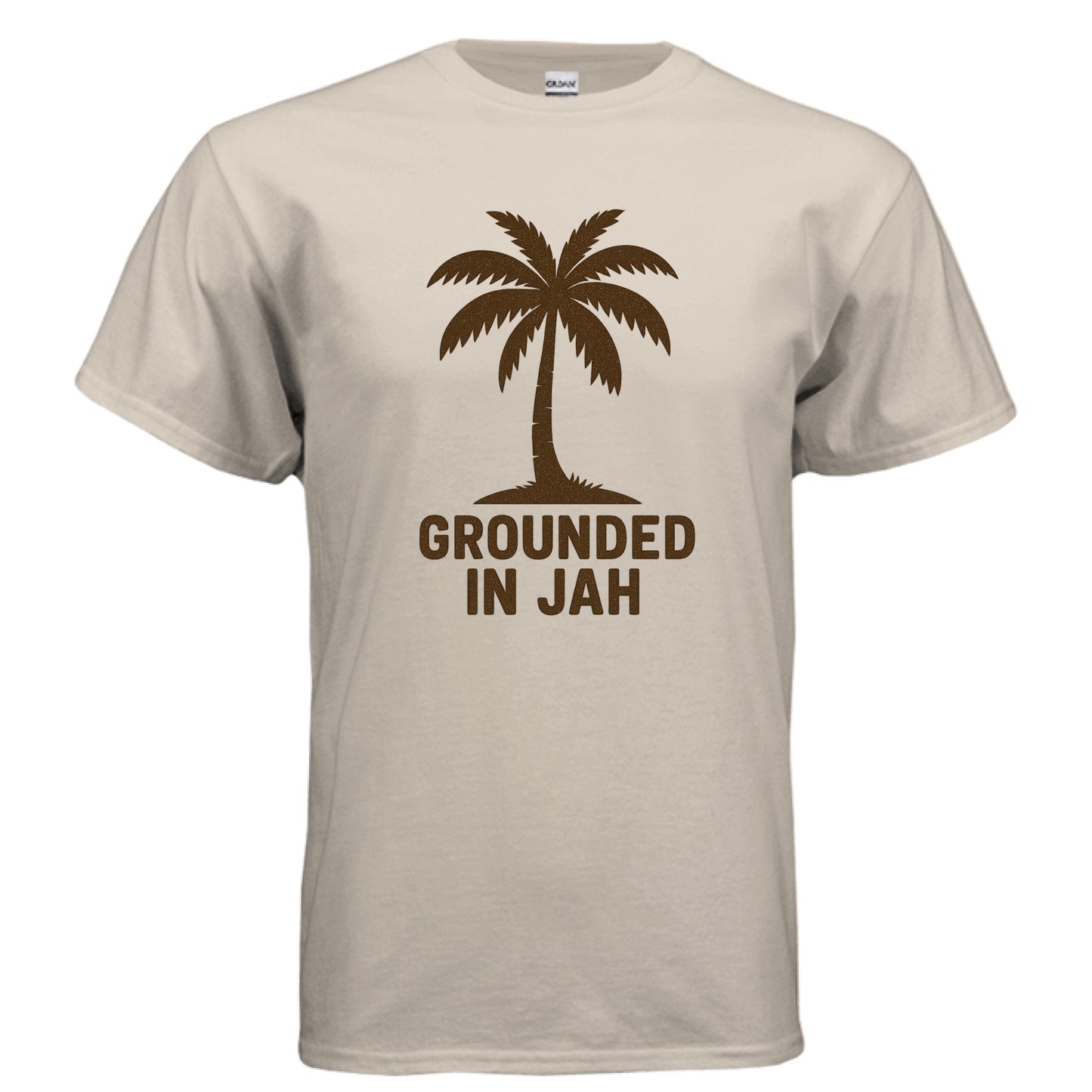 Beige t-shirt with a palm tree and 'Grounded in Jah' text on a white background