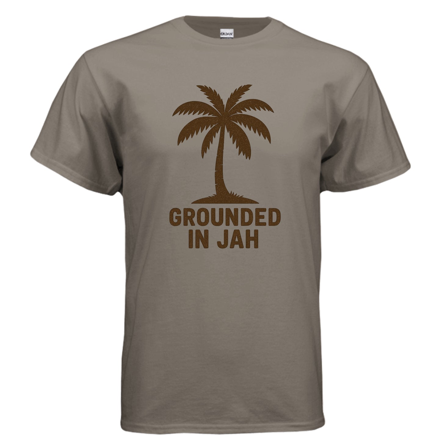 Gray t-shirt with a palm tree and 'Grounded in Jah' text on a white background