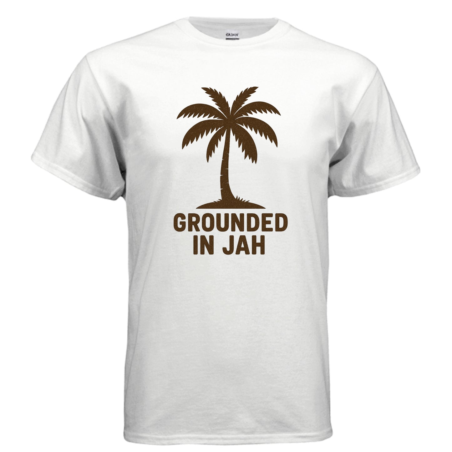White t-shirt with a palm tree graphic and 'Grounded in Jah' text on a white background