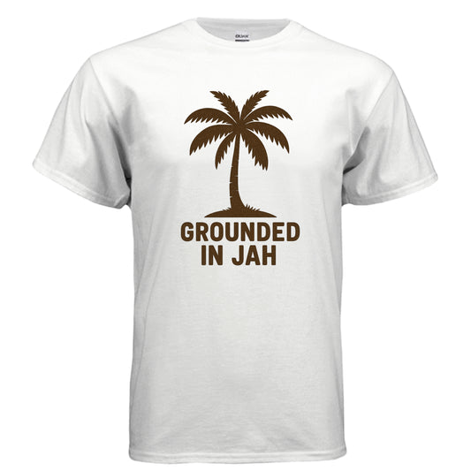 White t-shirt with a palm tree graphic and 'Grounded in Jah' text on a white background