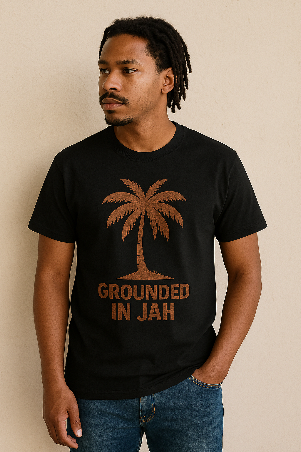 Man wearing a black t-shirt with a palm tree and 'Grounded in Jah' text against a beige background