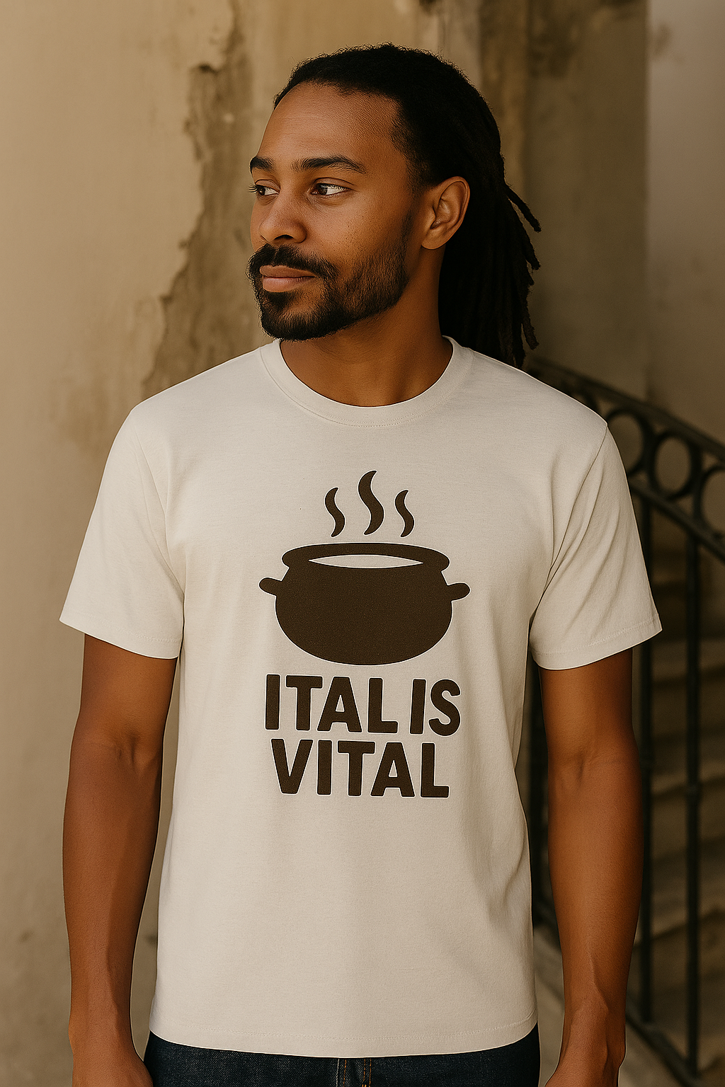 Man wearing a white t-shirt with 'ITAL IS VITAL' design against a textured wall.