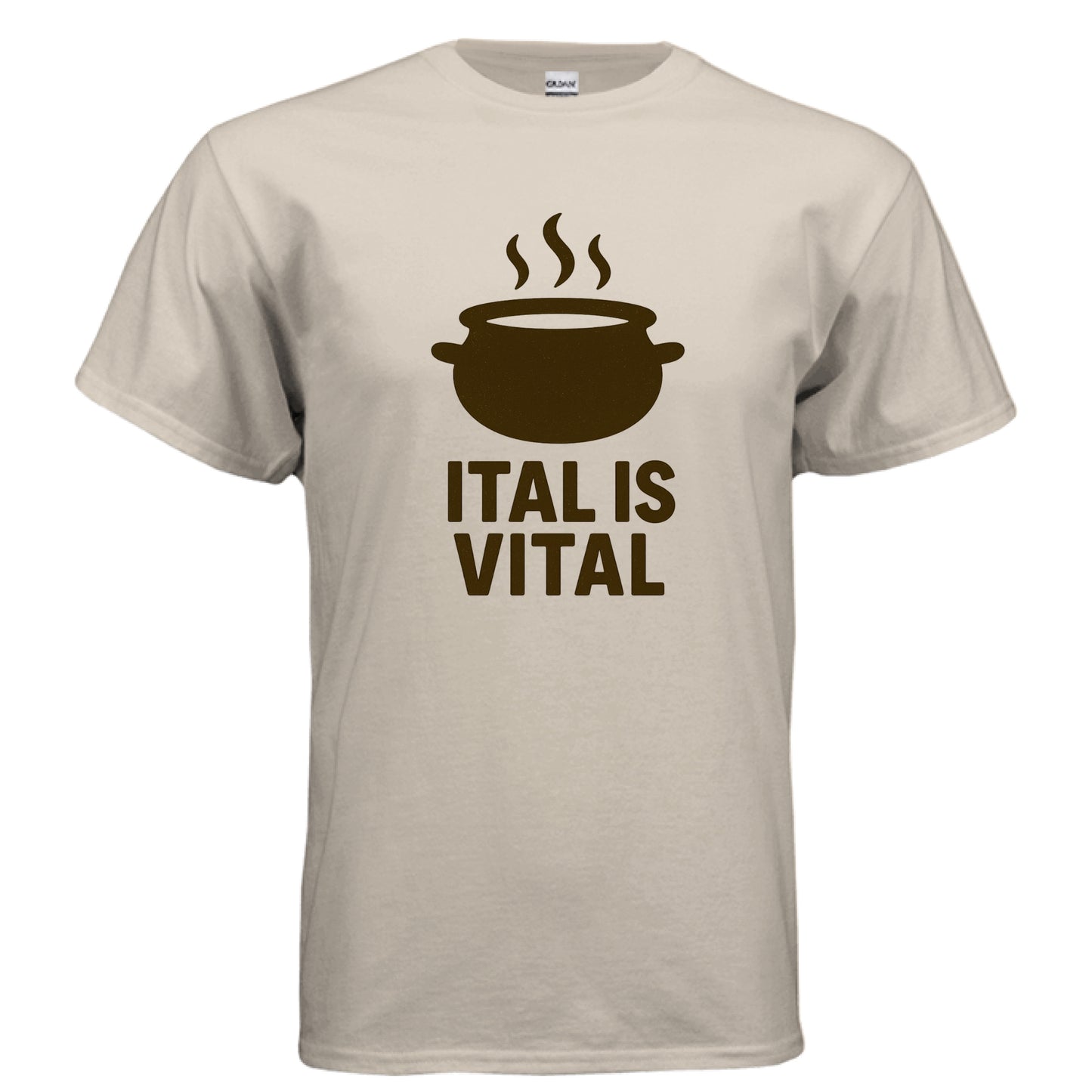 Beige t-shirt with a brown graphic and 'ITAL IS VITAL' text on a white background