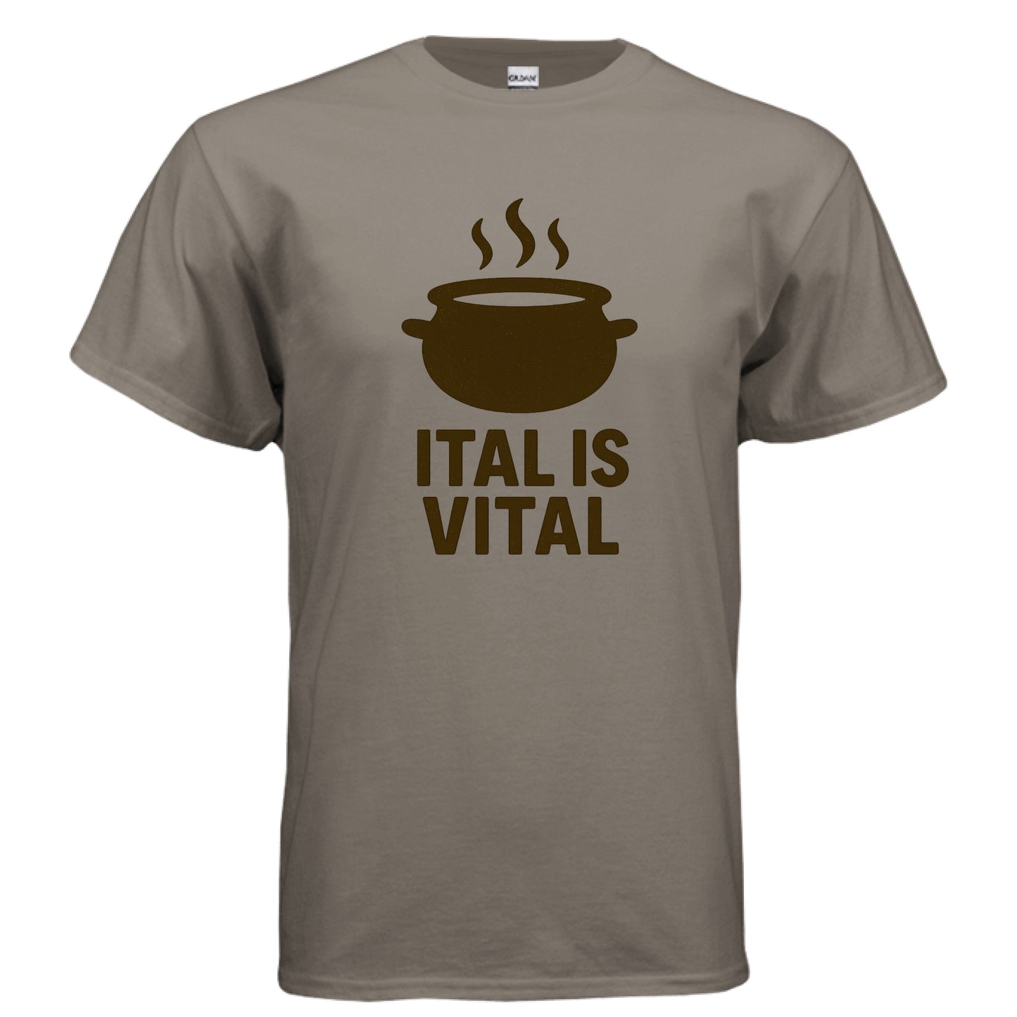 Gray t-shirt with a brown graphic of a pot and 'ITAL IS VITAL' text on a white background