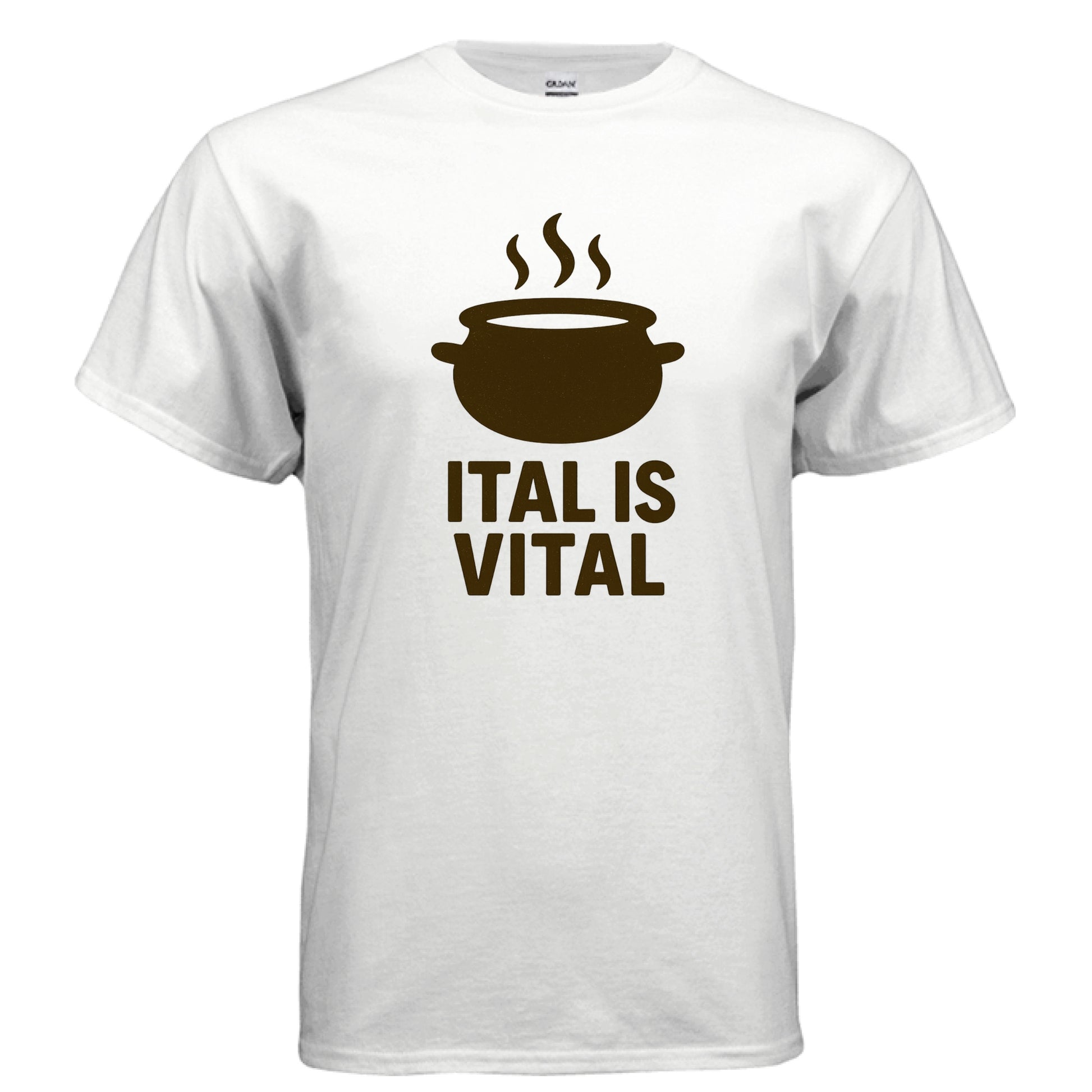 White t-shirt with brown graphic and text 'ITAL IS VITAL' on a white background