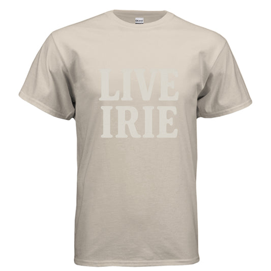 Beige t-shirt with 'LIVE IRIE' text on a white background