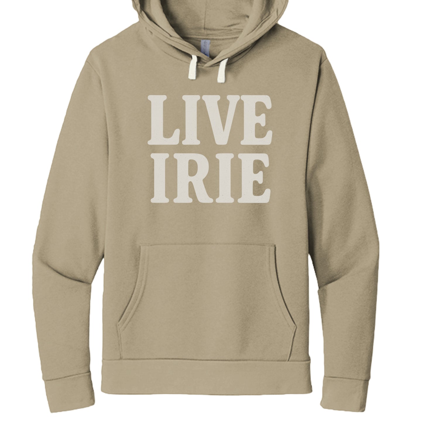 Beige hoodie with 'LIVE IRIE' text on a white background