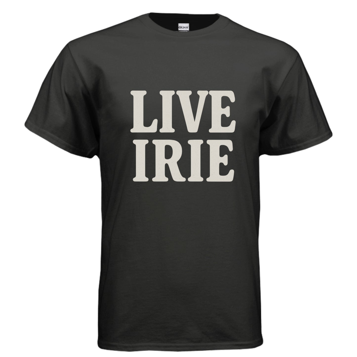 Black t-shirt with 'LIVE IRIE' text on a white background