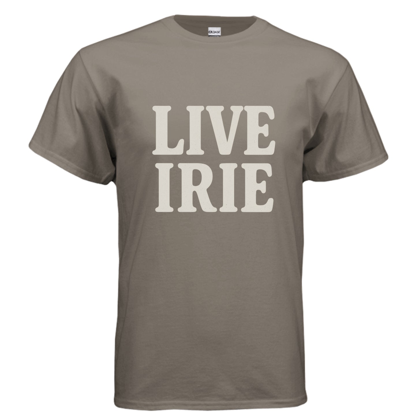Gray t-shirt with 'LIVE IRIE' text on a white background
