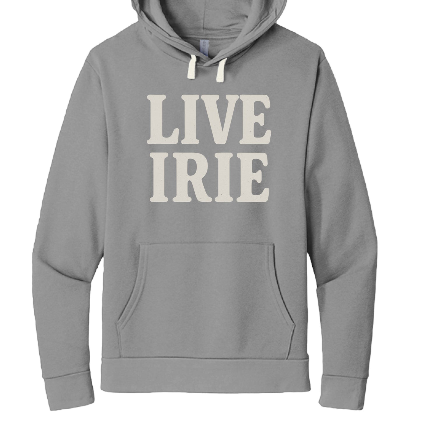 Gray hoodie with 'LIVE IRIE' text on a white background