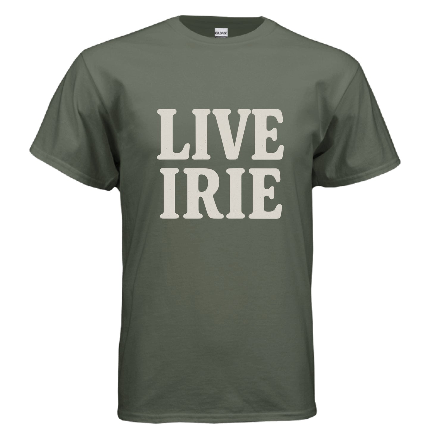 Green t-shirt with 'LIVE IRIE' text on a white background