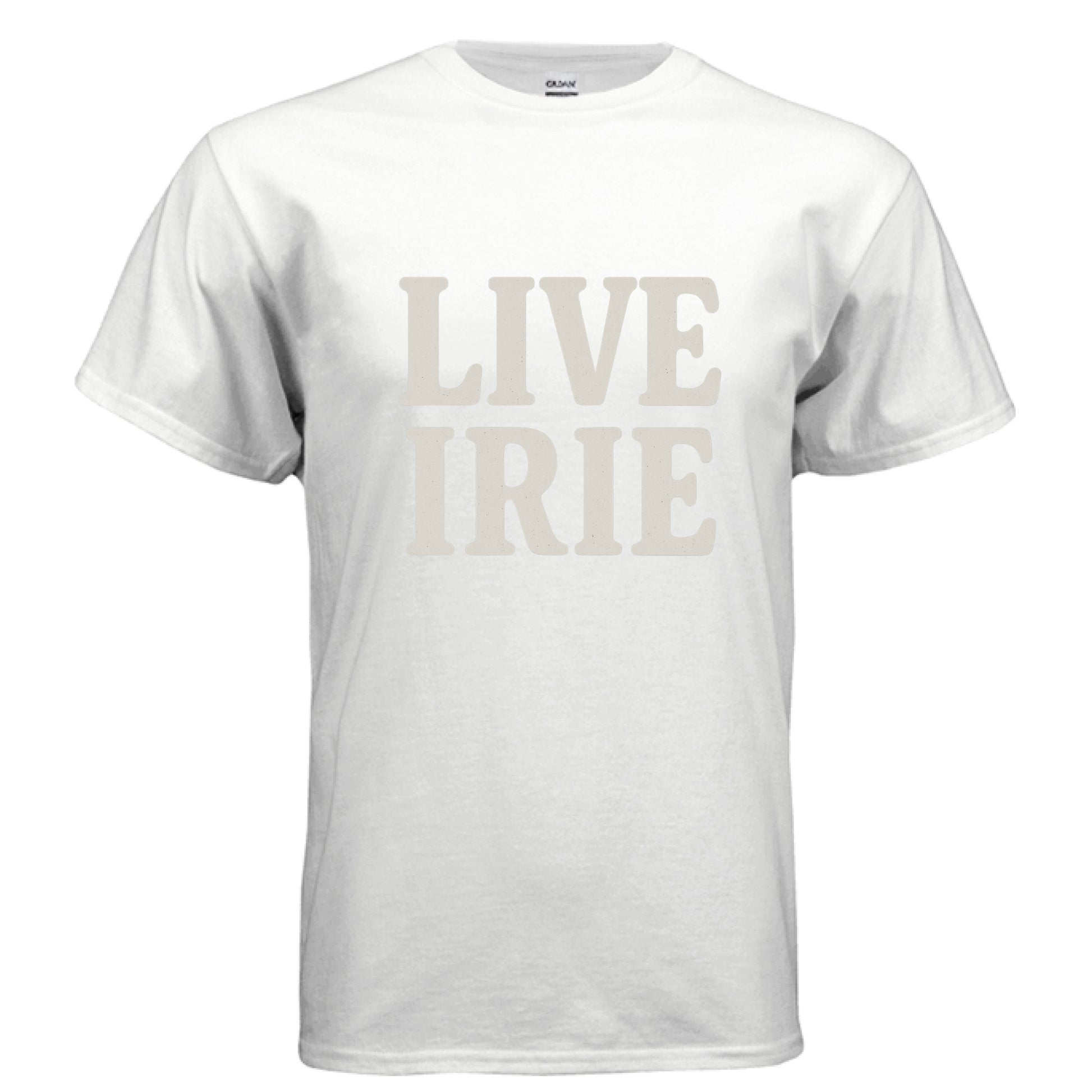 White t-shirt with 'LIVE IRIE' text on a white background