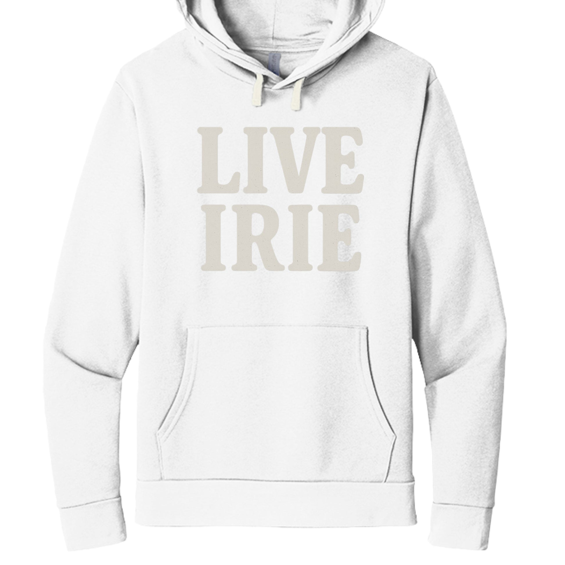 White hoodie with 'LIVE IRIE' text on a white background