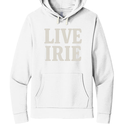 White hoodie with 'LIVE IRIE' text on a white background
