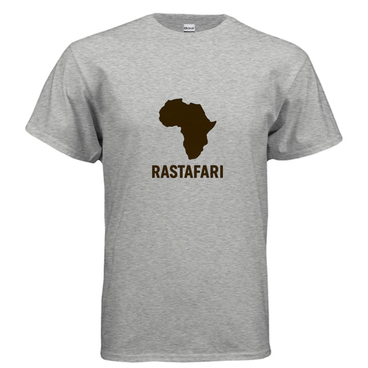 Gray t-shirt with a brown Africa map and 'Rastafari' text on a white background