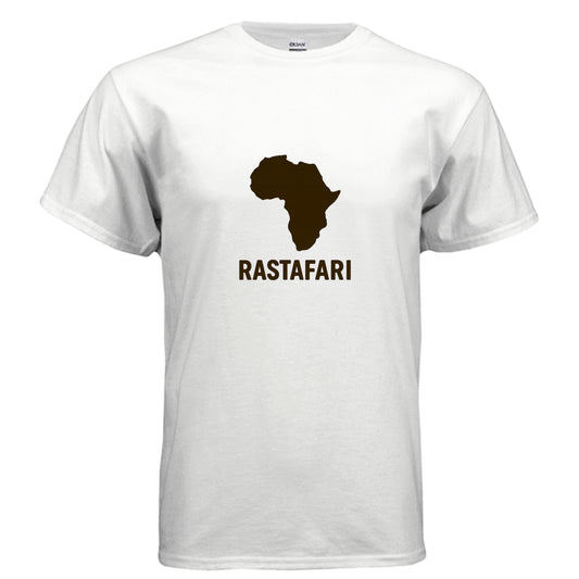 White t-shirt with a brown outline of Africa and 'Rastafari' text on a white background