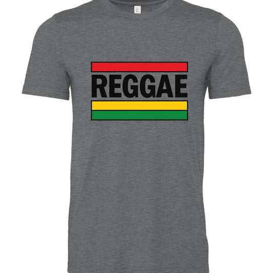 Unisex reggae t-shirt with red, gold, and green Rasta design