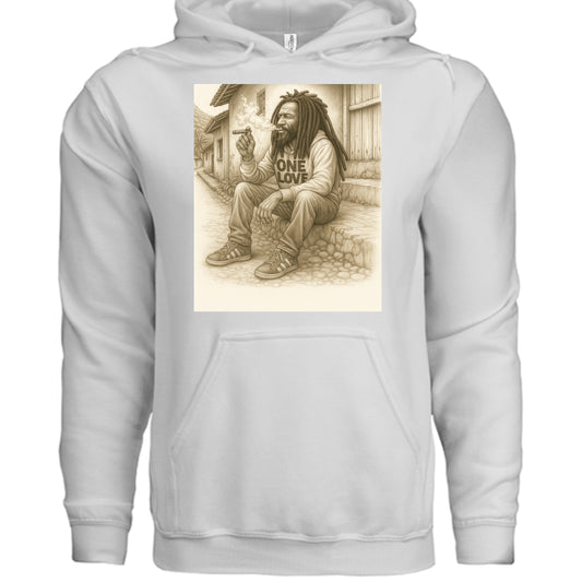 White hoodie with a graphic of a person sitting and holding a plantain, with 'One Love' text on the shirt, on a white background.