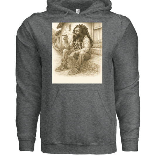Gray hoodie with a graphic of a person sitting and holding a microphone, with 'One Love' text on a white background.