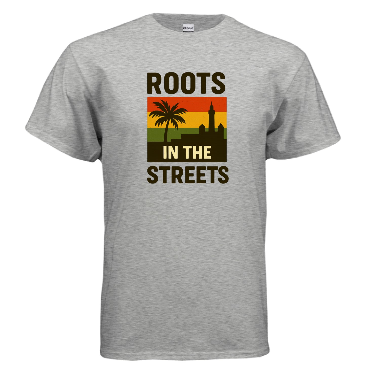 Gray t-shirt with 'Roots in the Streets' graphic design on a white background