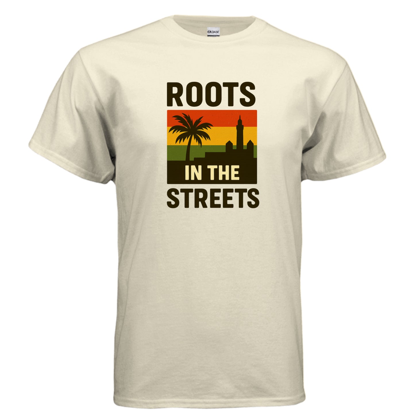 Beige t-shirt with 'Roots in the Streets' graphic design on a white background